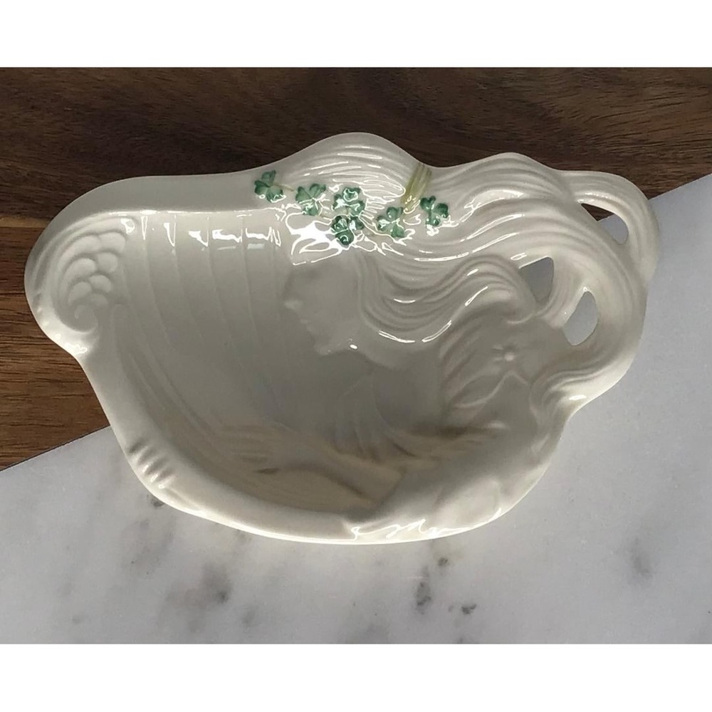 Belleek Irish Harp Butter Plate Parian China Shamrock Art Nouveau Woman Dish